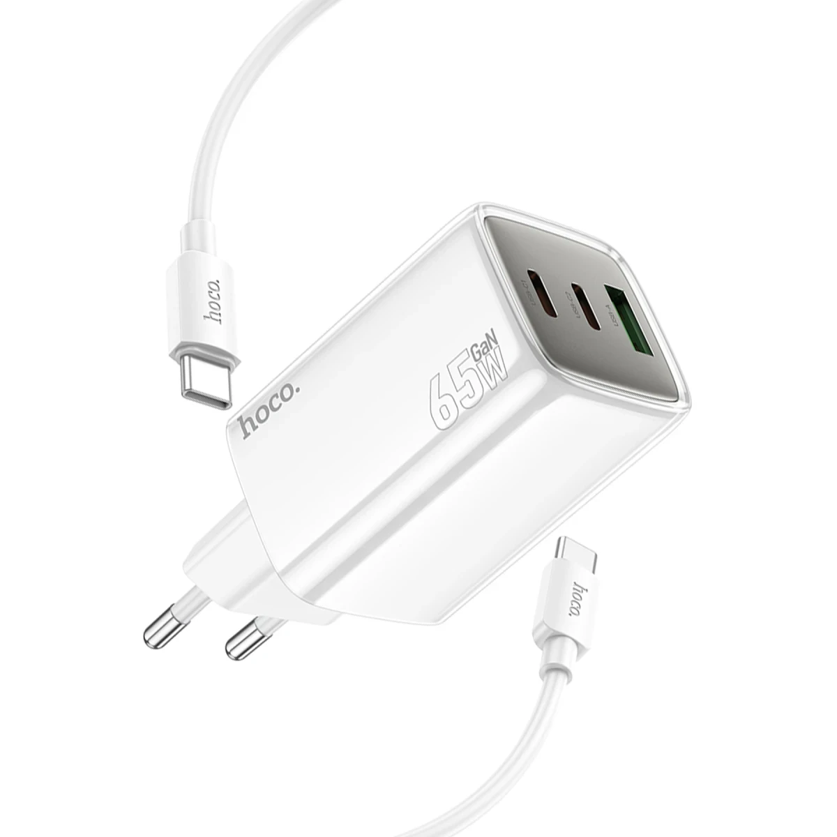 Hoco. N49 Glorious 2 Adet Type-C ve 1 Adet USB Çıkışlı Ekstra Type-C to Type-C Kablolu 65W PD Hızlı Şarj Aleti - Beyaz