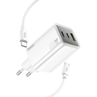 Hoco. N49 Glorious 2 Adet Type-C ve 1 Adet USB Çıkışlı Ekstra Type-C to Type-C Kablolu 65W PD Hızlı Şarj Aleti - Beyaz