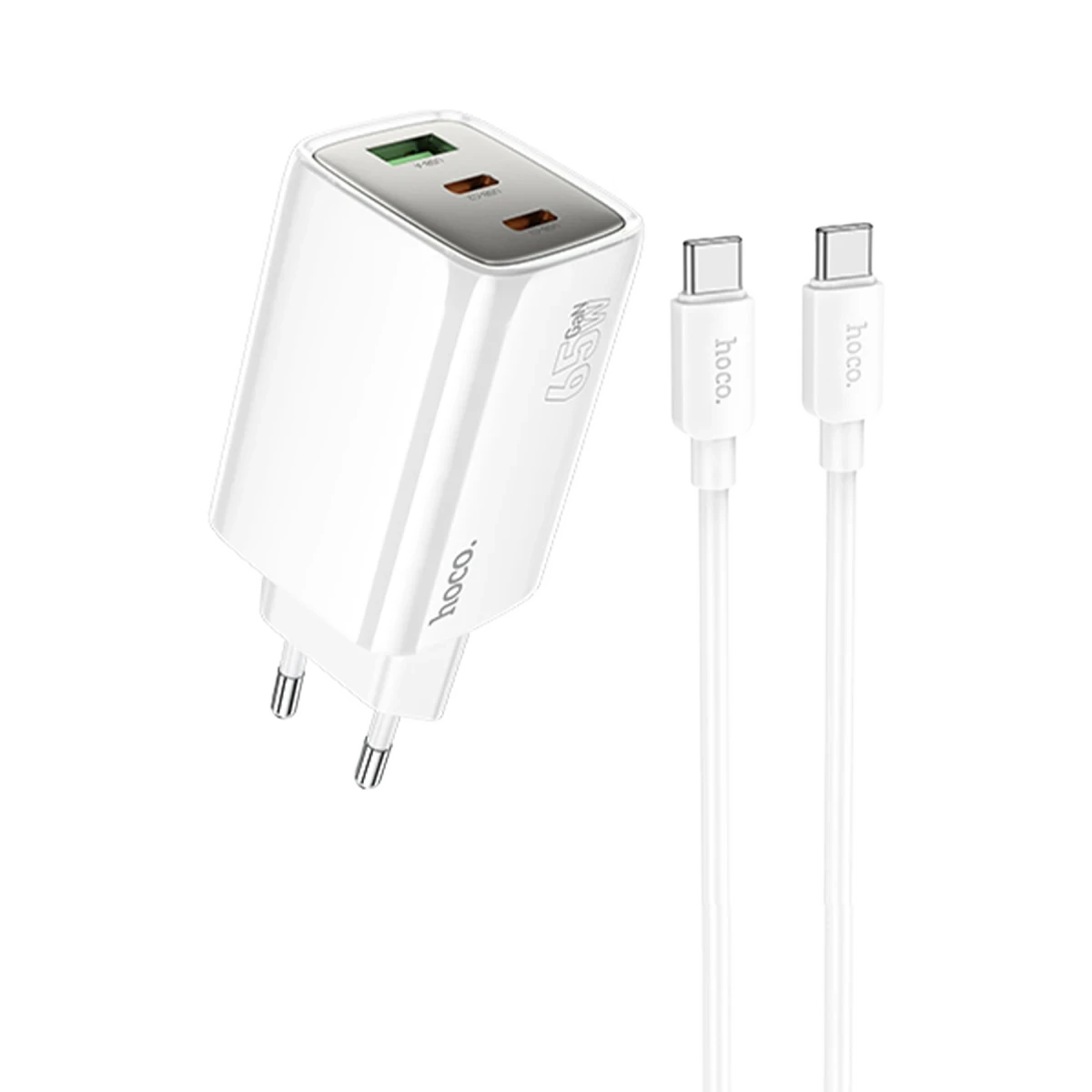 Hoco. N49 Glorious 2 Adet Type-C ve 1 Adet USB Çıkışlı Ekstra Type-C to Type-C Kablolu 65W PD Hızlı Şarj Aleti - Beyaz