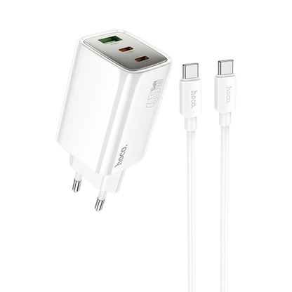 Hoco. N49 Glorious 2 Adet Type-C ve 1 Adet USB Çıkışlı Ekstra Type-C to Type-C Kablolu 65W PD Hızlı Şarj Aleti - Beyaz