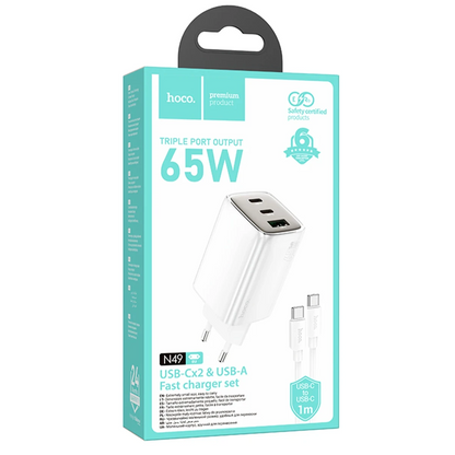 Hoco. N49 Glorious 2 Adet Type-C ve 1 Adet USB Çıkışlı Ekstra Type-C to Type-C Kablolu 65W PD Hızlı Şarj Aleti - Beyaz