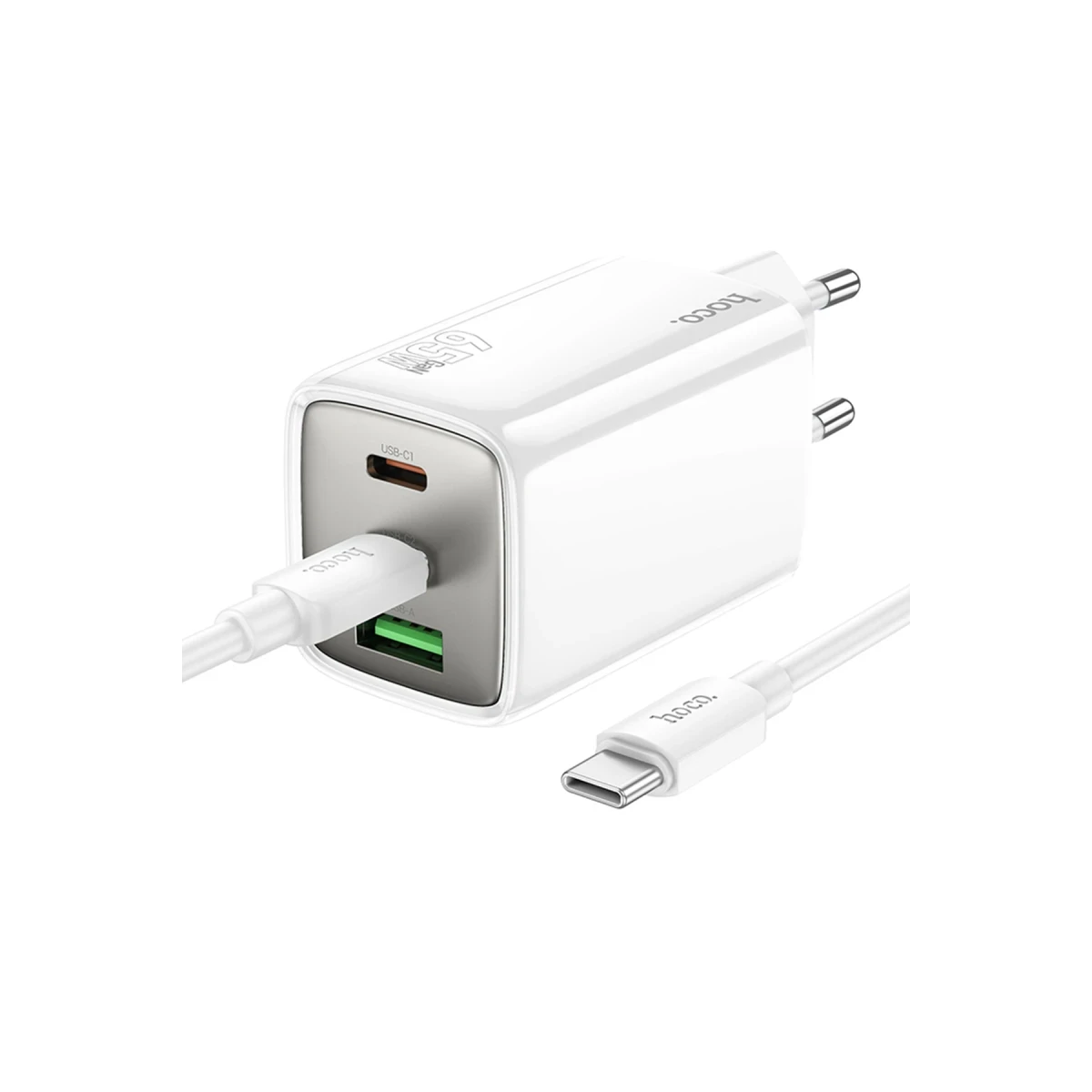 Hoco. N49 Glorious 2 Adet Type-C ve 1 Adet USB Çıkışlı Ekstra Type-C to Type-C Kablolu 65W PD Hızlı Şarj Aleti - Beyaz
