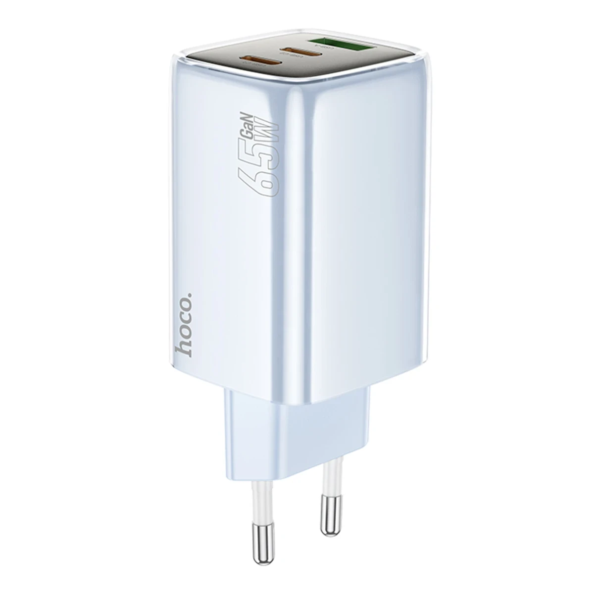 Hoco. N49 Glorious 2 Adet Type-C ve 1 Adet USB Çıkışlı Ekstra Type-C to Type-C Kablolu 65W PD Hızlı Şarj Aleti - Mavi