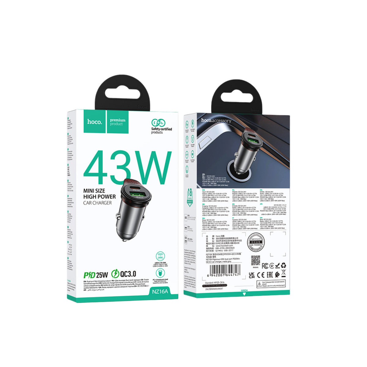 Hoco. NZ16A Rigorous 43W Type-C ve USB-A Çıkışlı Çift Port Araç İçi PD Hızlı Şarj Cihazı – Gri