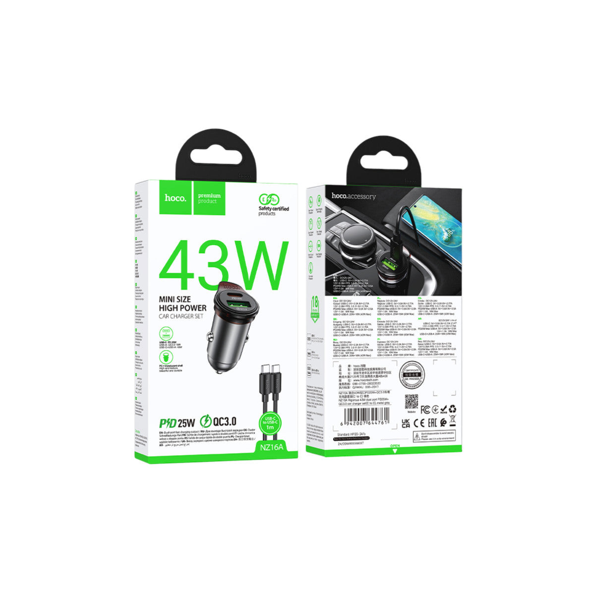 Hoco. NZ16A Rigorous 43W Type-C ve USB-A Çıkışlı Ekstra Type-C to Type-C Kablolu PD Hızlı Şarj Araç Cihazı