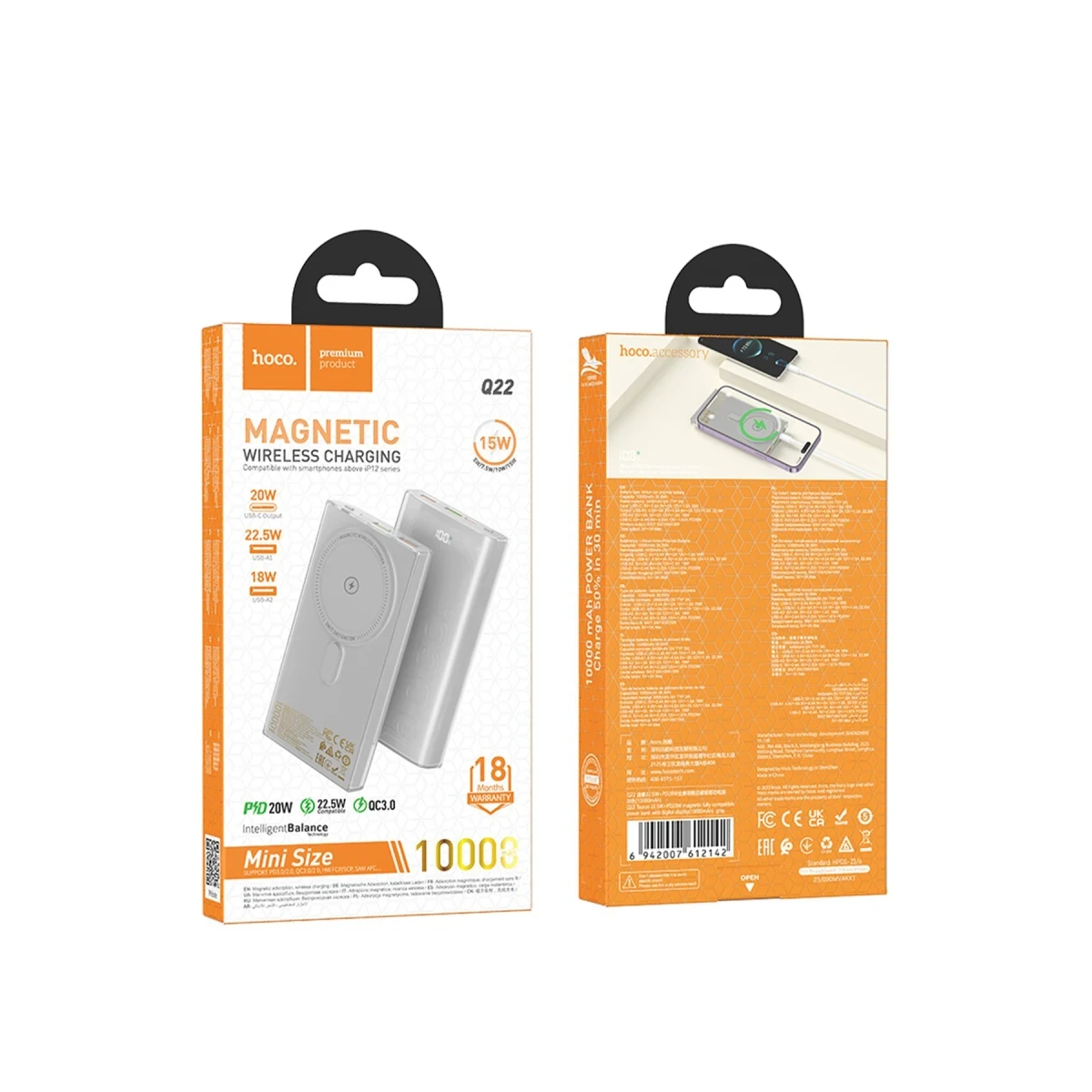 Hoco. Q22 Taurus 22.5W PD 20W Magsafe Dijital Ekranlı Powerbank - Gri
