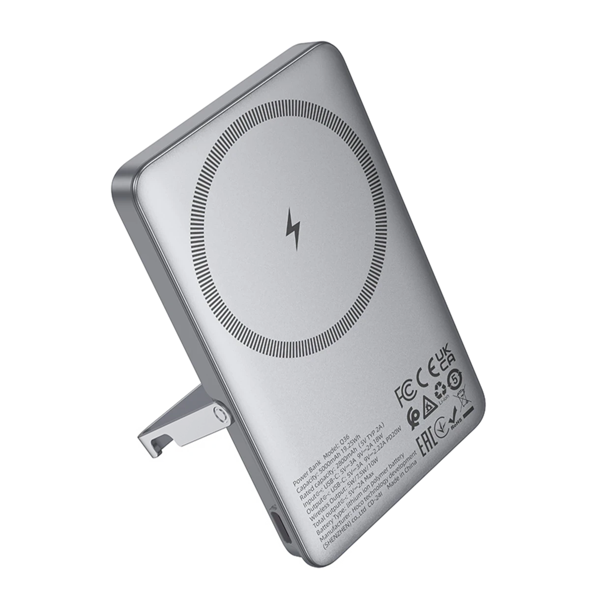 Hoco. Q36 Sunlight 5.000 mAh 20W Type-C ve 10W Kablosuz Şarj PD Magsafe Standlı Powerbank - Titan Gri