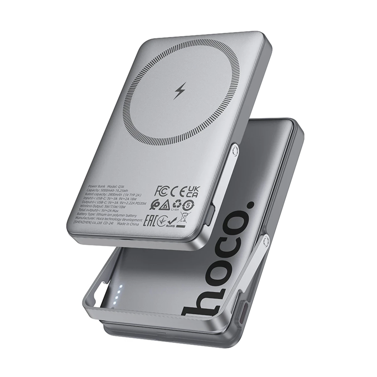 Hoco. Q36 Sunlight 5.000 mAh 20W Type-C ve 10W Kablosuz Şarj PD Magsafe Standlı Powerbank - Titan Gri