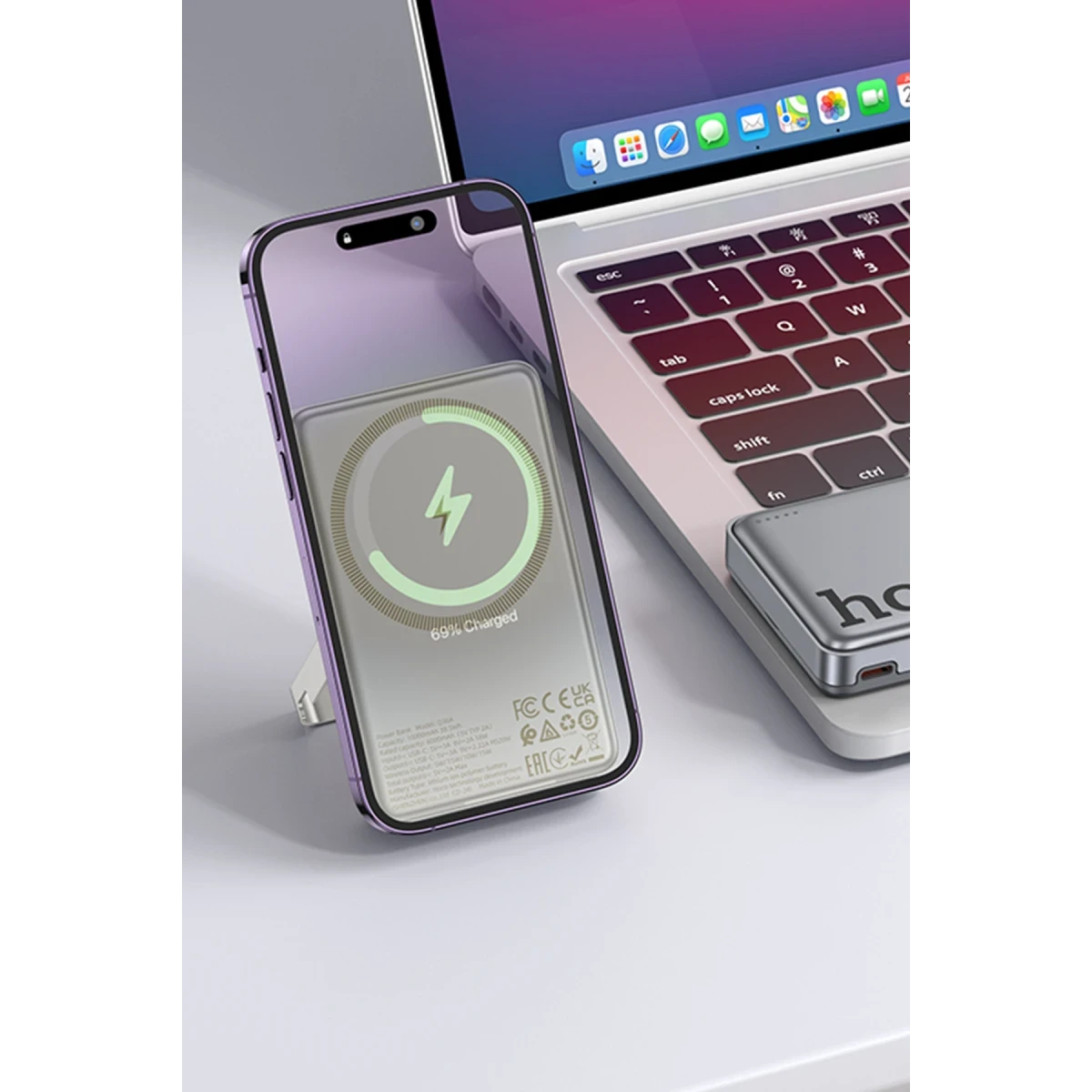 Hoco. Q36A Sunlight 10.000 mAh 20W Type-C ve 10W Kablosuz Şarj PD Magsafe Standlı Powerbank - Gold