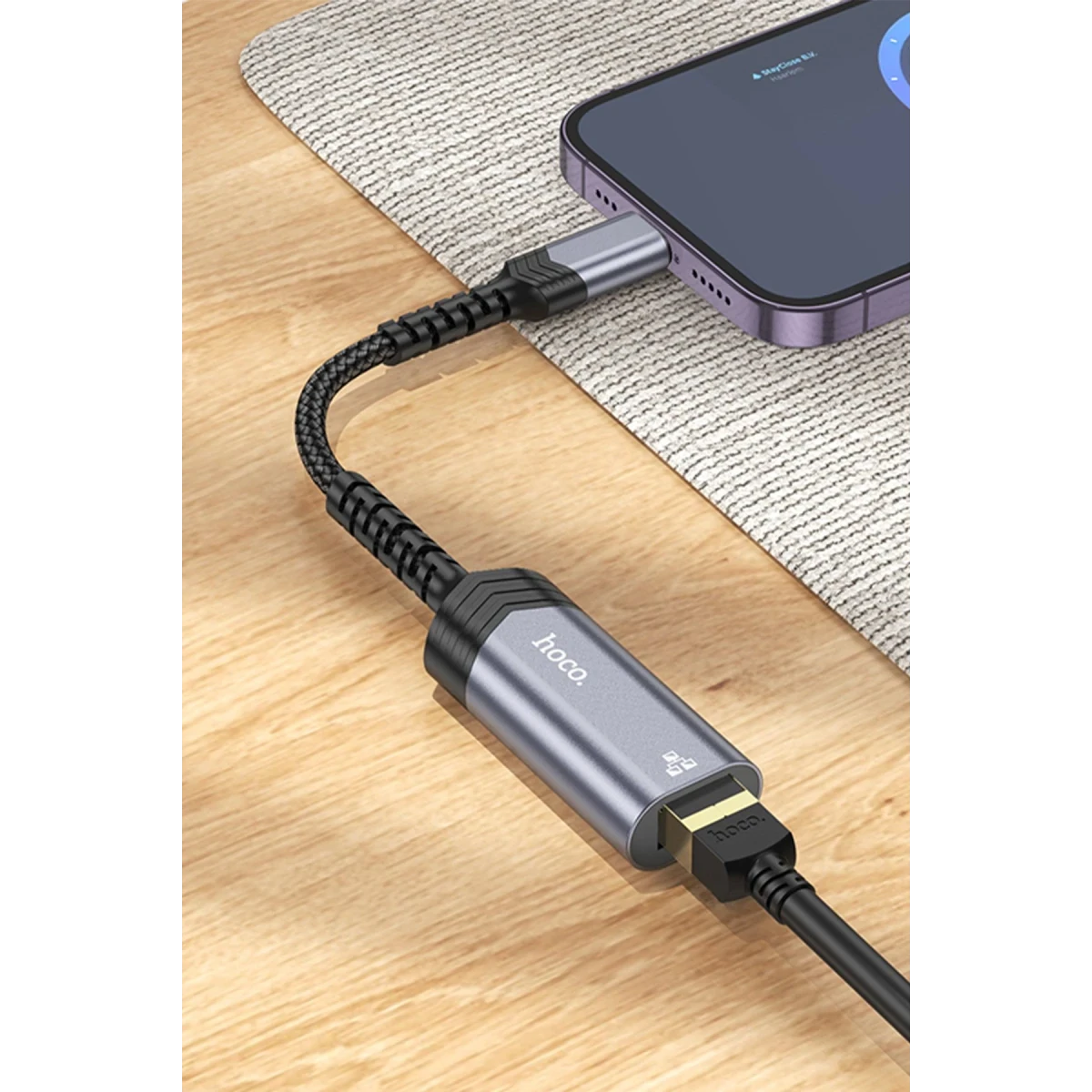 Hoco. UA26 Tak Çalıştır Lightning to RJ45 100 Mbps Ethernet Dönüştürücü - Gri
