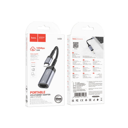 Hoco. UA26 Tak Çalıştır Type-C to RJ45 100 Mbps Ethernet Dönüştürücü