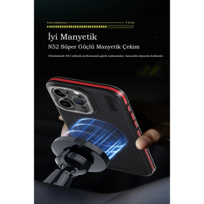 Joko Apple iPhone 15 Pro Max Kılıf Aramid 600D Kevlar Karbon Fiber Magsafe Kapak - Kırmızı