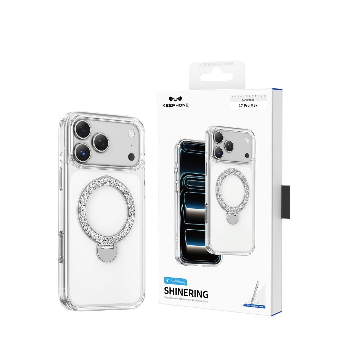 Keephone Apple iPhone 17 Pro Crystal Taşlı 360 Magsafe Standlı Kapak