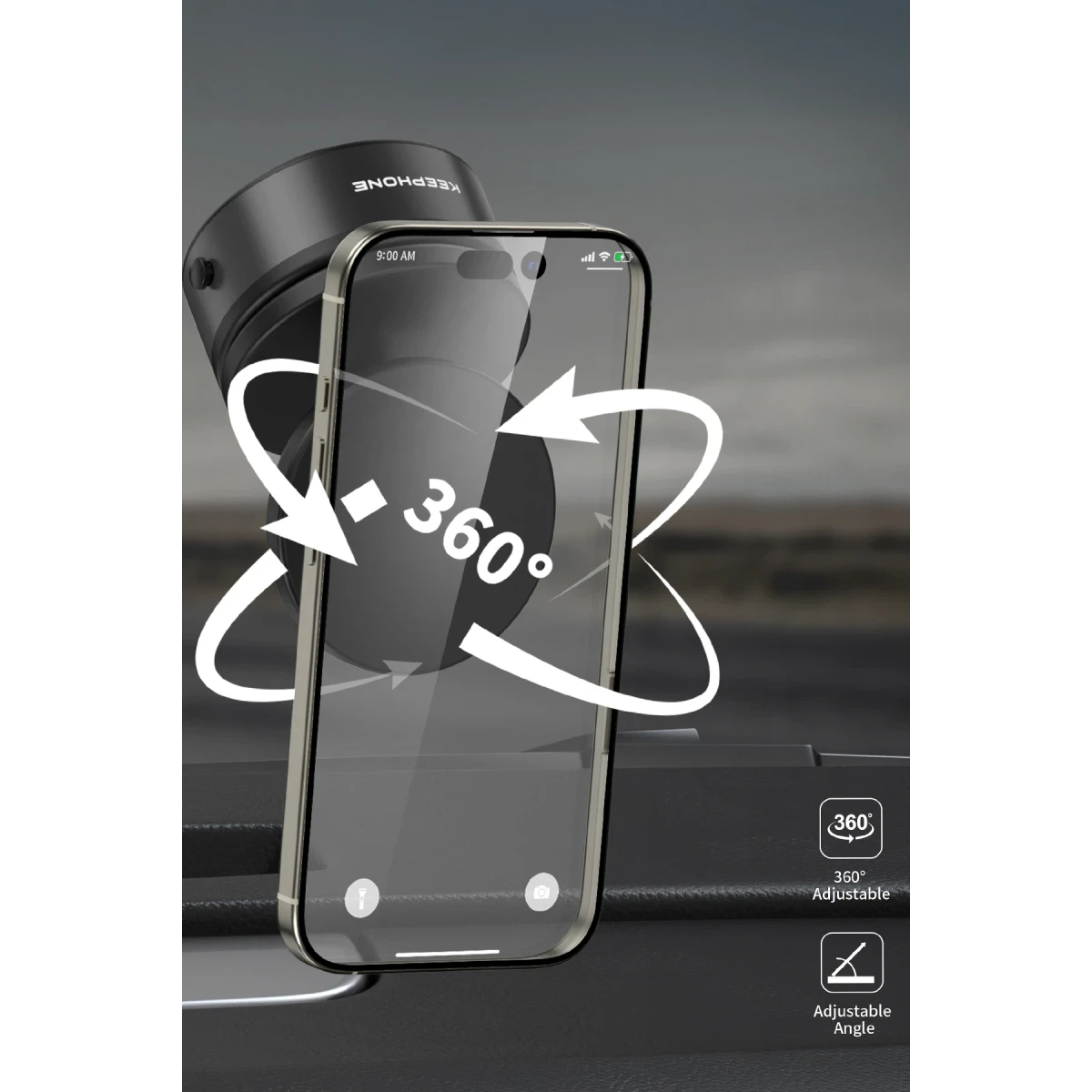 Keephone CR107 Vantuzlu 360 Derece Ayarlanabilir Kablosuz Şarj Destekli Manyetik Magsafe Telefon Tutucu - Koyu Gri