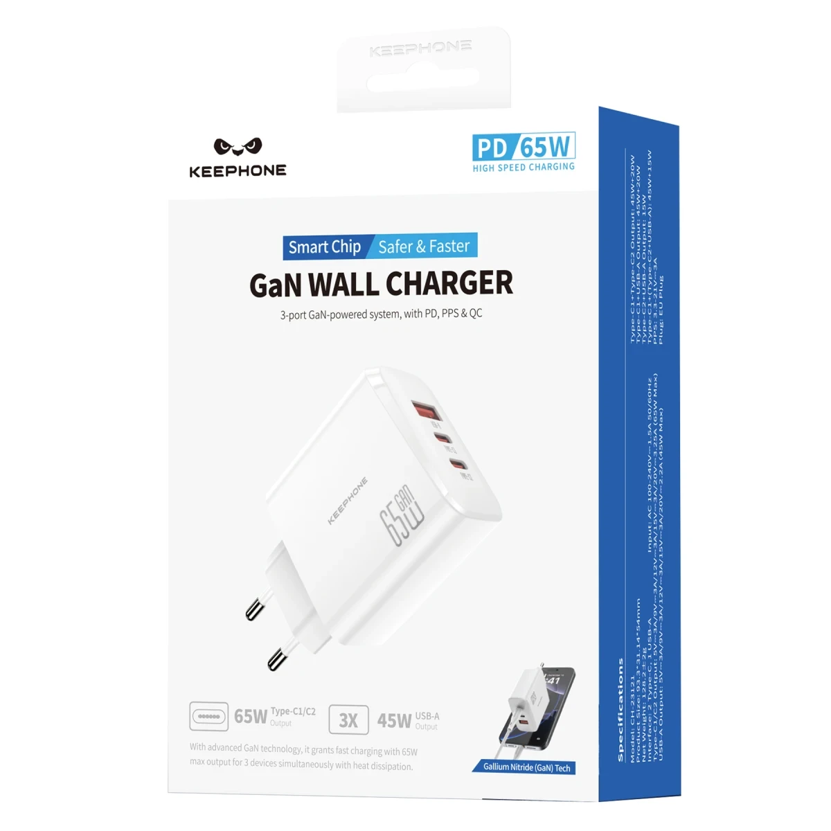 Keephone GaN Wall CH23121 2 Adet 65W Type-C ve 1 Adet 45W USB Çıkışlı GaN Şarj Cihazı - Beyaz