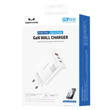 Keephone GaN Wall CH23121 2 Adet 65W Type-C ve 1 Adet 45W USB Çıkışlı GaN Şarj Cihazı - Beyaz