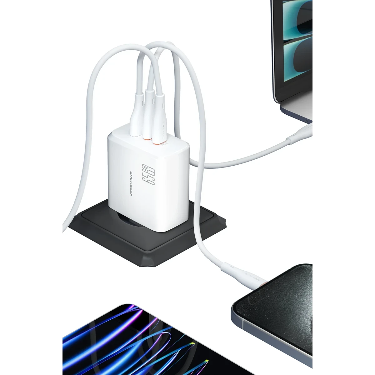 Keephone GaN Wall CH23121 2 Adet 65W Type-C ve 1 Adet 45W USB Çıkışlı GaN Şarj Cihazı - Beyaz
