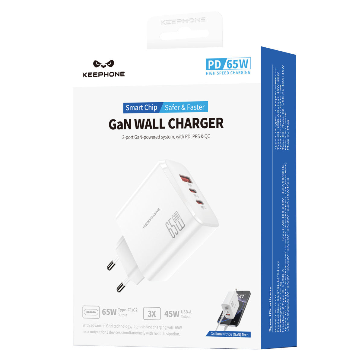 Keephone GaN Wall CH23121 2 Adet 65W Type-C ve 1 Adet 45W USB Çıkışlı GaN Şarj Cihazı