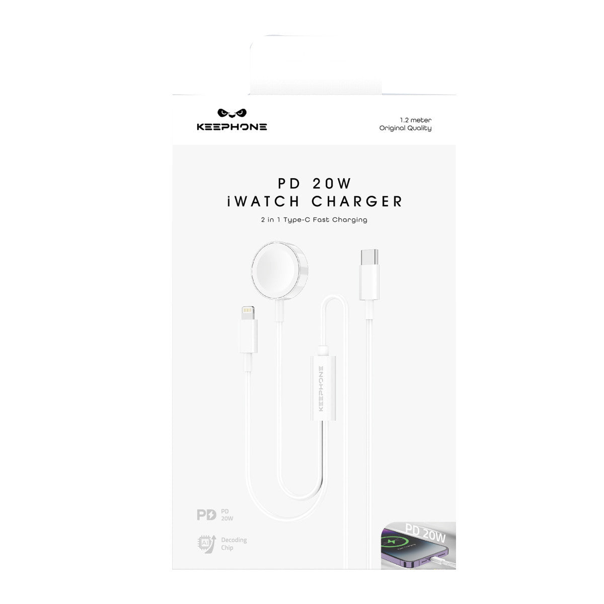 Keephone IC-013 Type-C to Lightning ve Kablosuz Saat Şarj Çıkışlı 2in1 Hızlı Şarj Kablosu