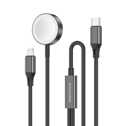 Keephone IC-014 Type-C to Lightning ve Kablosuz Saat Şarj Çıkışlı 2in1 Örgü Hızlı Şarj Kablosu