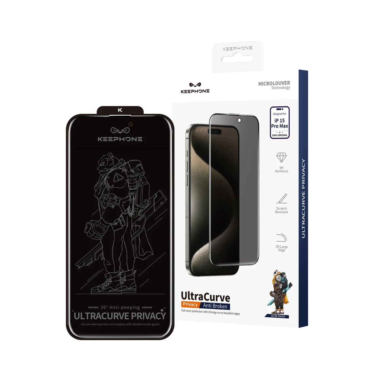 Keephone Apple iPhone 15 Pro UltraCurve Privacy 3D Cam Ekran Koruyucu - Siyah