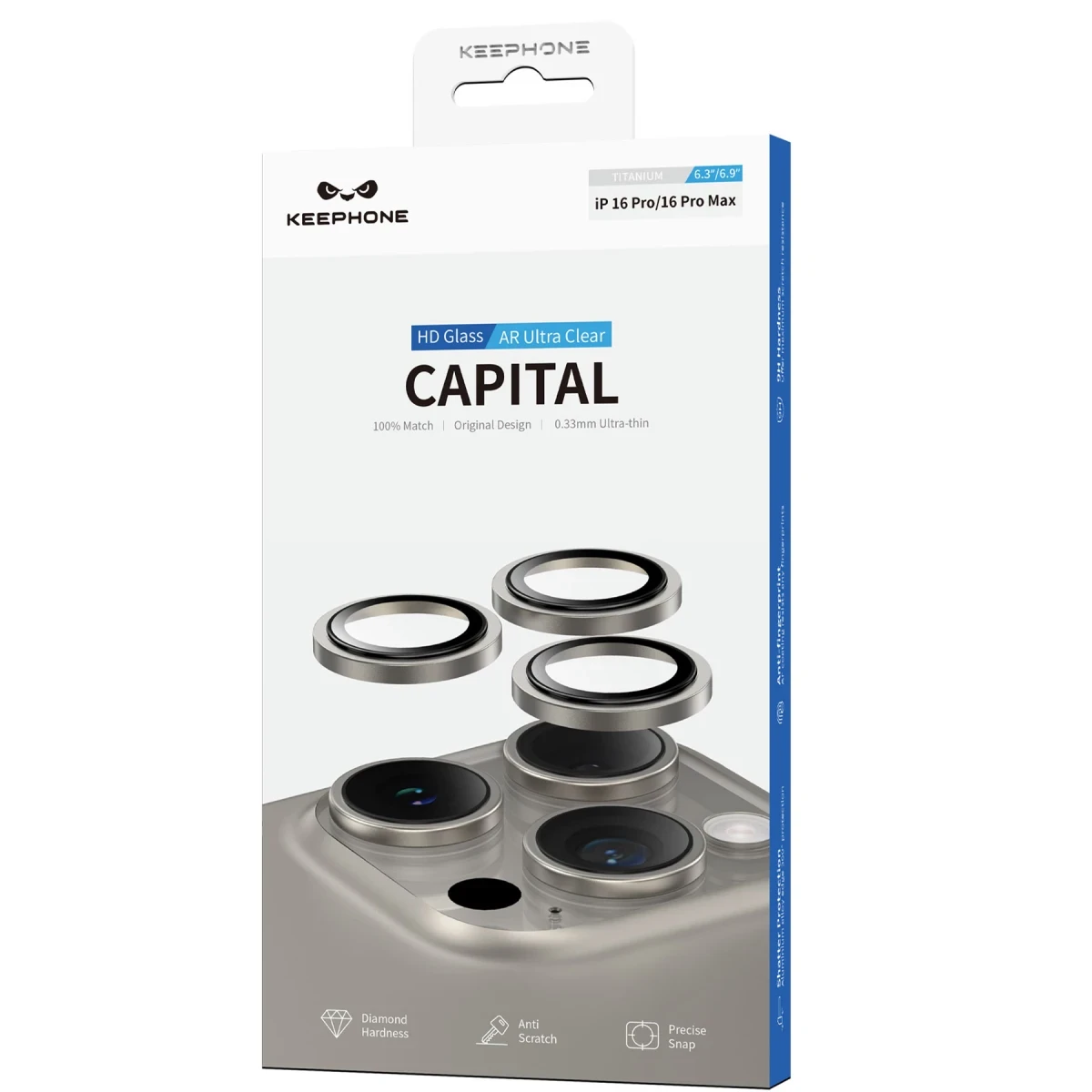 Keephone Apple iPhone 16 Pro Max Capital Alüminyum AR Kamera Lens Koruyucu - Natural Titanyum
