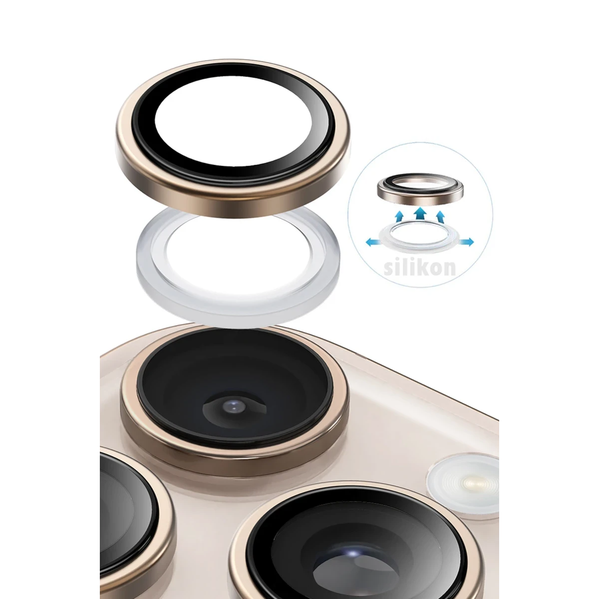 Keephone Apple iPhone 16 Pro Max Silikon Metal Kamera Lens Koruyucu - Titanyum