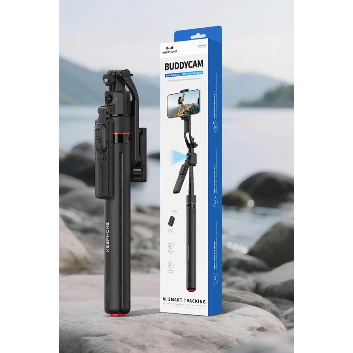 Keephone KP-LA06 BuddyCam 360 Derece AI Auto-Tracking Özellikli BT Selfie Gimbal – Siyah