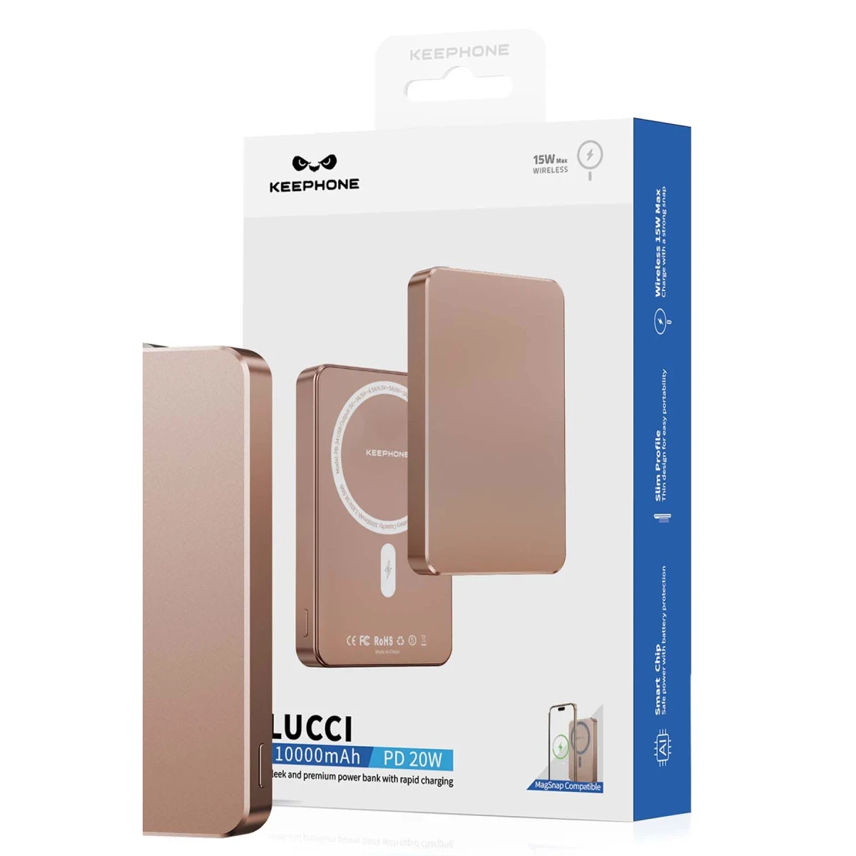 Keephone PB34 Lucci 10.000 mAh 20W Type-C 22.5W USB QC 15W Kablosuz Şarj PD Magsafe Powerbank - Titanyum