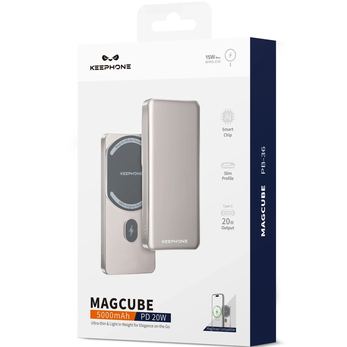 Keephone PB36 MagCube 5.000 mAh Type-C 20W PD Magsafe Destekli Powerbank - Koyu Gri