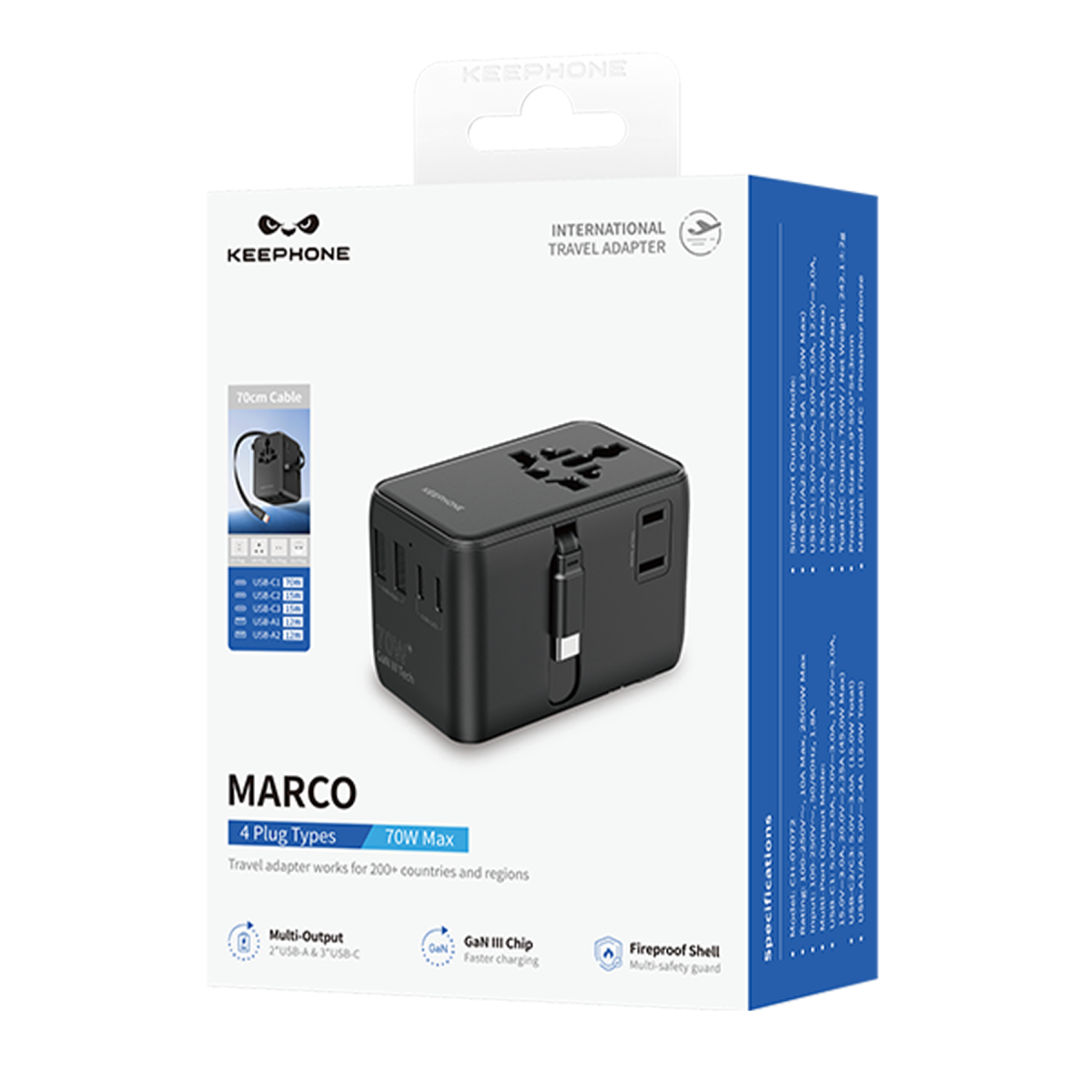Keephone Marco 70W GaN III 70cm Makaralı Type-C Kablolu 6 Portlu Universal Şarj Aleti