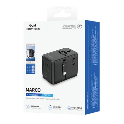 Keephone Marco 70W GaN III 70cm Makaralı Type-C Kablolu 6 Portlu Universal Şarj Aleti