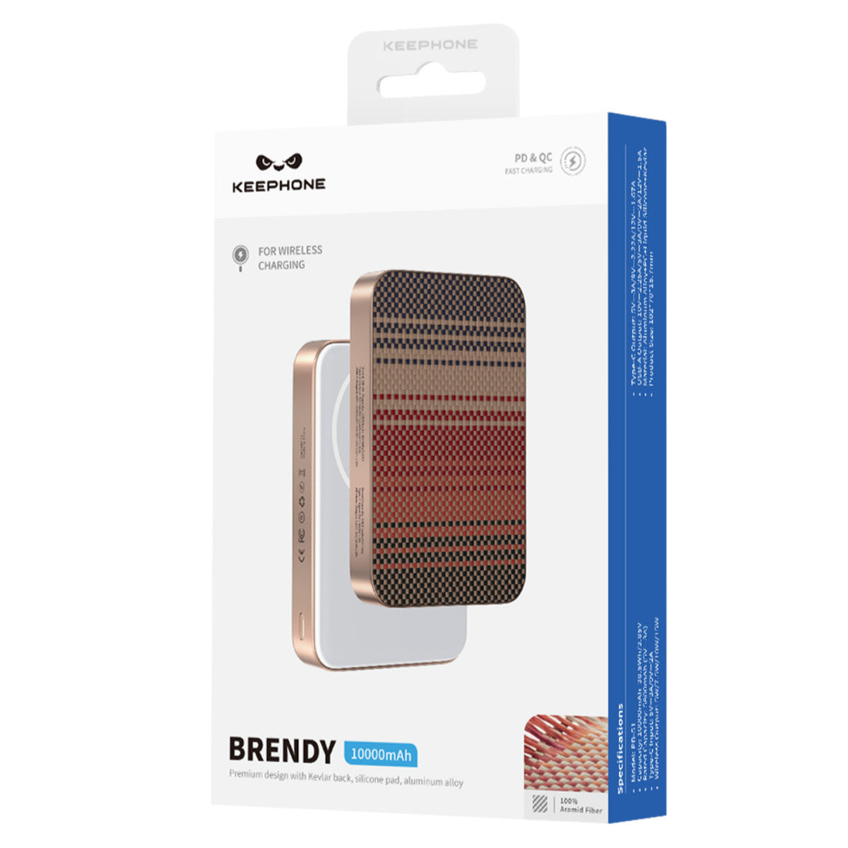 Keephone PB51 Brendy Kevlar 10.000 mAh 22.5W USB 20W Type-C ve 15W Kablosuz Şarj Destekli Magsafe Powerbank