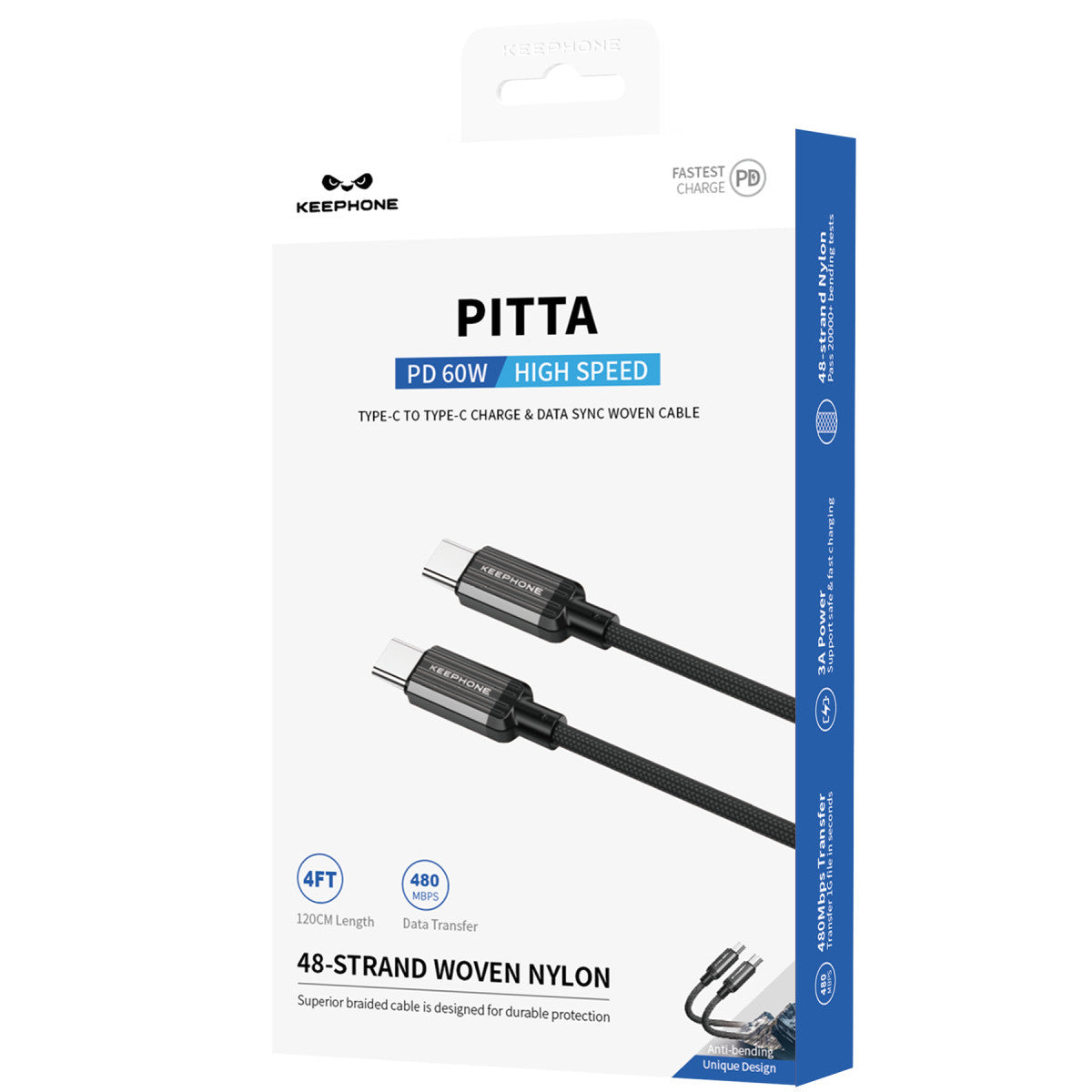 Keephone Pitta 1.2M 60W Örgülü Type-C to Type-C PD Hızlı Şarj Data Kablosu
