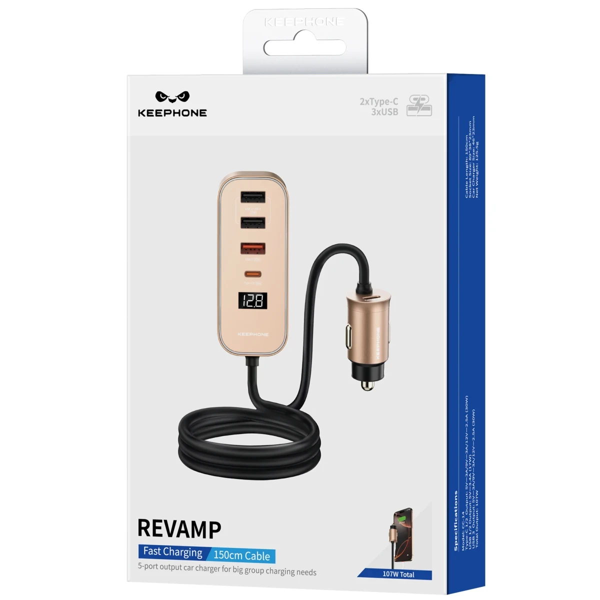Keephone RevAmp CC14 2 Adet 17W USB 1 Adet 30W USB ve 1 Adet 30W Type-C Çıkışlı PD Hızlı Araç Şarj - Çöl Titanyum