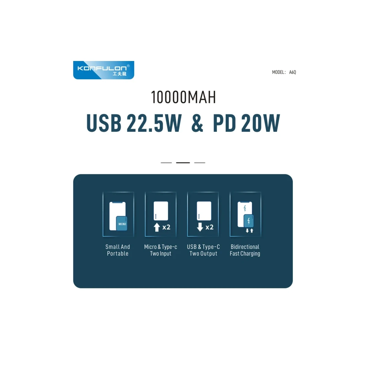 Konfulon A6Q 22.5W Usb 3.0 ve 20W Type-C Çıkışlı 10.000 mAh PD Powerbank - Siyah