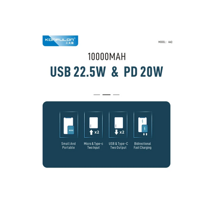 Konfulon A6Q 22.5W Usb 3.0 ve 20W Type-C Çıkışlı 10.000 mAh PD Powerbank - Siyah