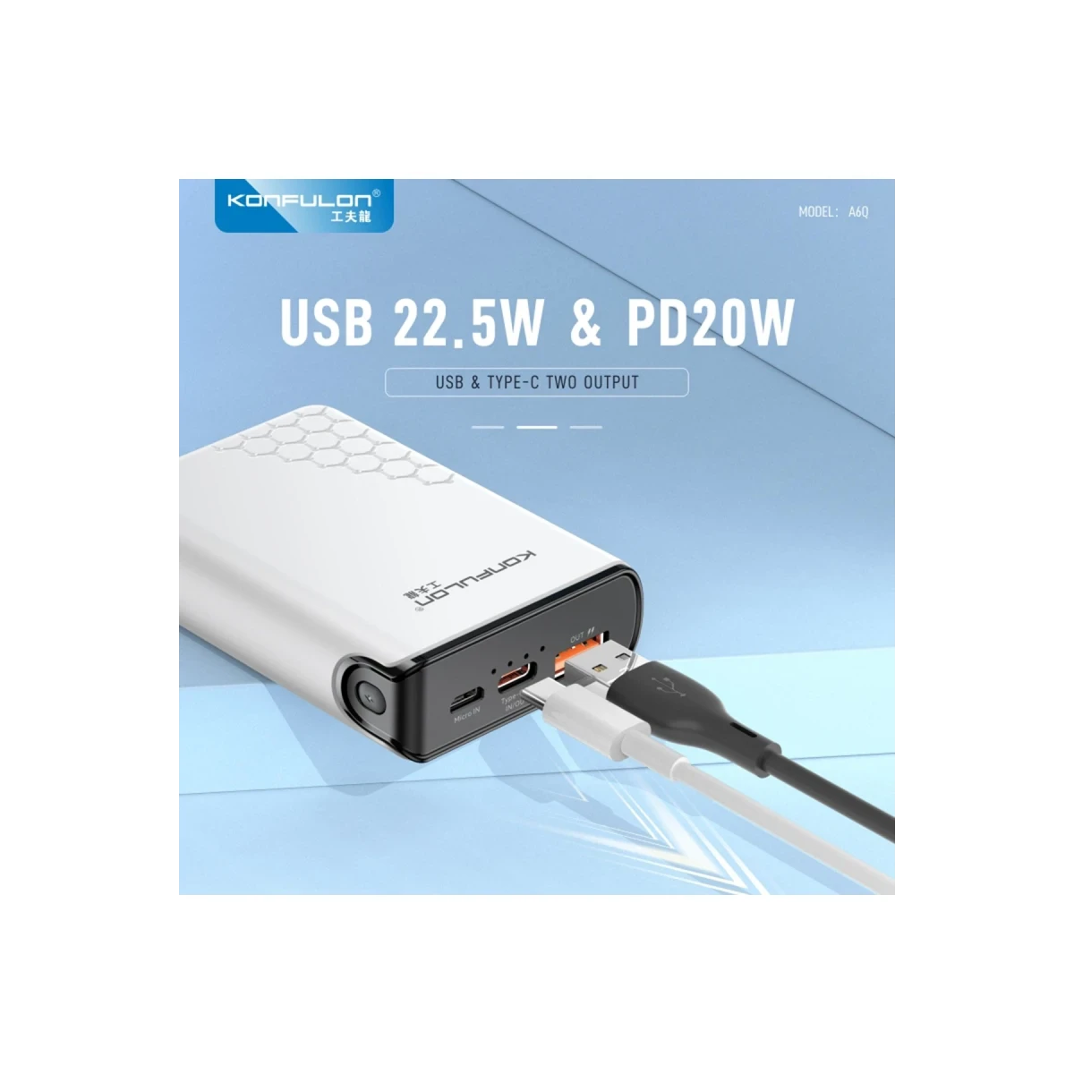 Konfulon A6Q 22.5W Usb 3.0 ve 20W Type-C Çıkışlı 10.000 mAh PD Powerbank - Siyah