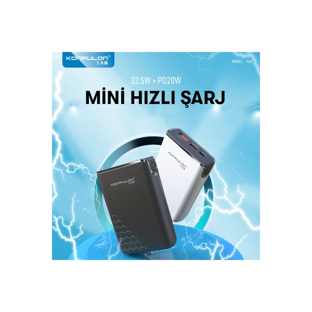 Konfulon A6Q 22.5W Usb 3.0 ve 20W Type-C Çıkışlı 10.000 mAh PD Powerbank - Siyah