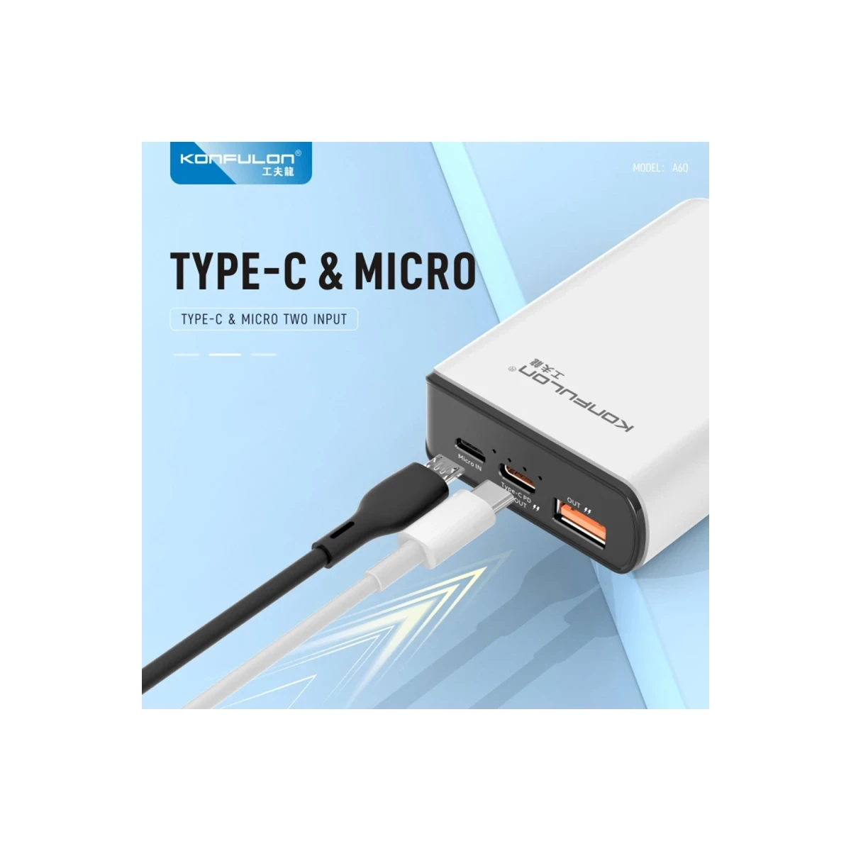Konfulon A6Q 22.5W Usb 3.0 ve 20W Type-C Çıkışlı 10.000 mAh PD Powerbank - Siyah