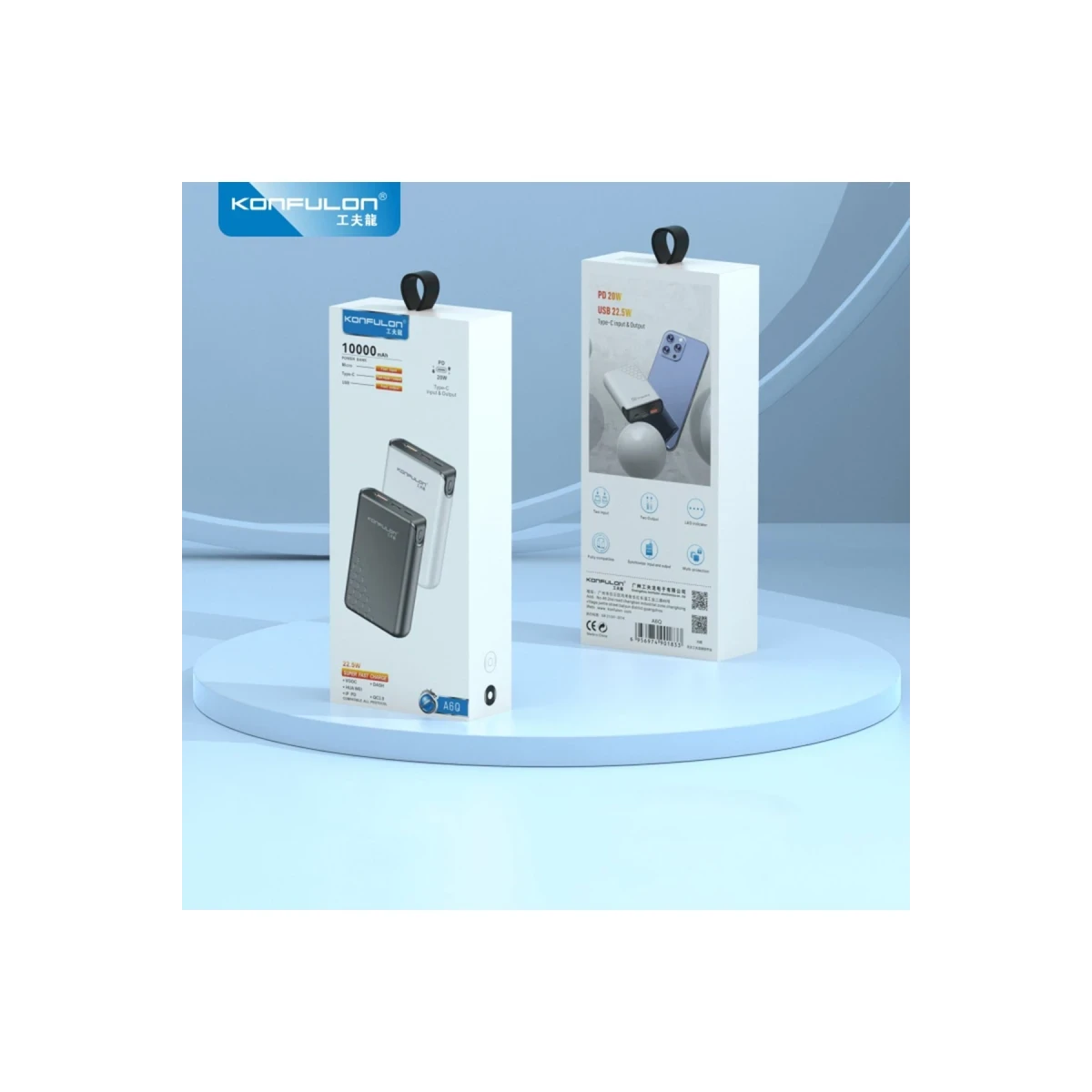 Konfulon A6Q 22.5W Usb 3.0 ve 20W Type-C Çıkışlı 10.000 mAh PD Powerbank - Siyah