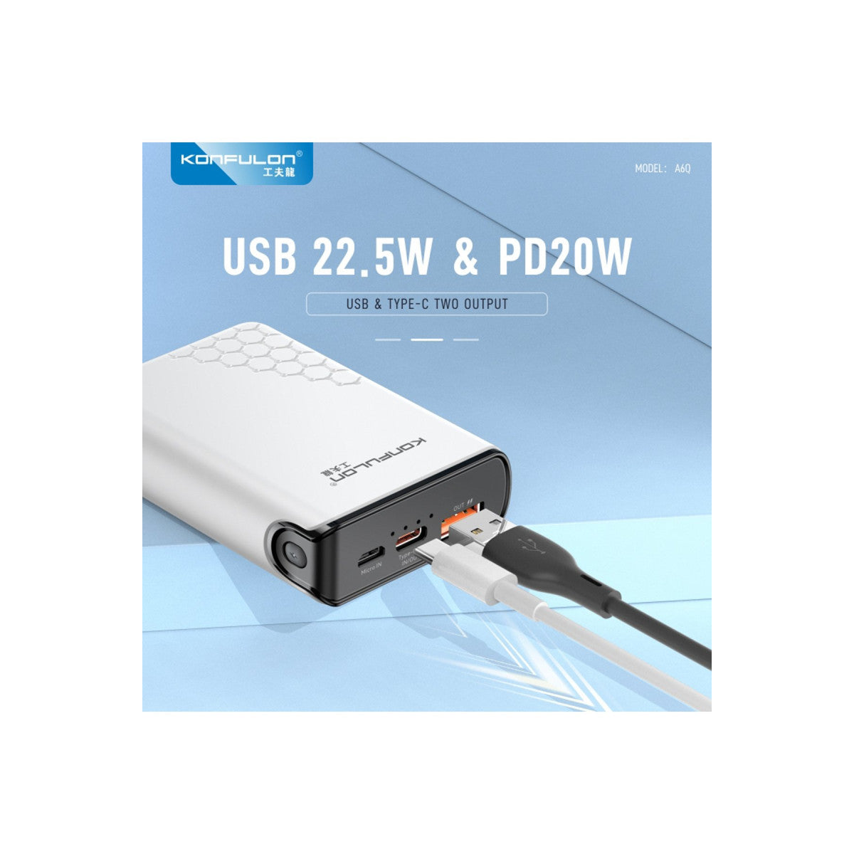 Konfulon A6Q 22.5W Usb 3.0 ve 20W Type-C Çıkışlı 10.000 mAh PD Powerbank