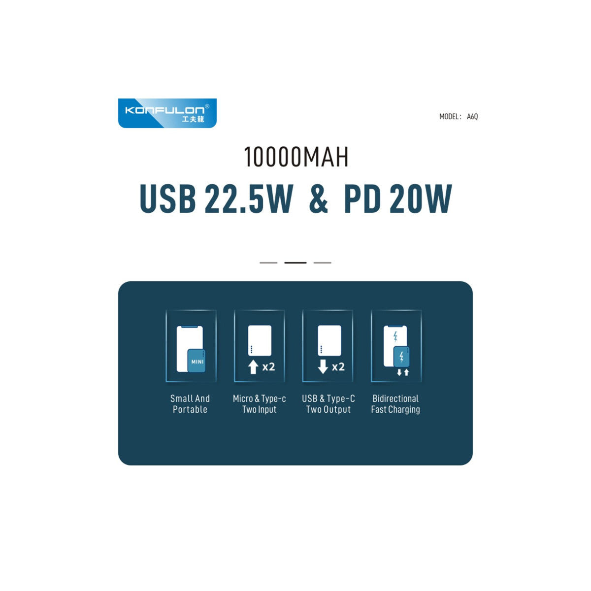Konfulon A6Q 22.5W Usb 3.0 ve 20W Type-C Çıkışlı 10.000 mAh PD Powerbank