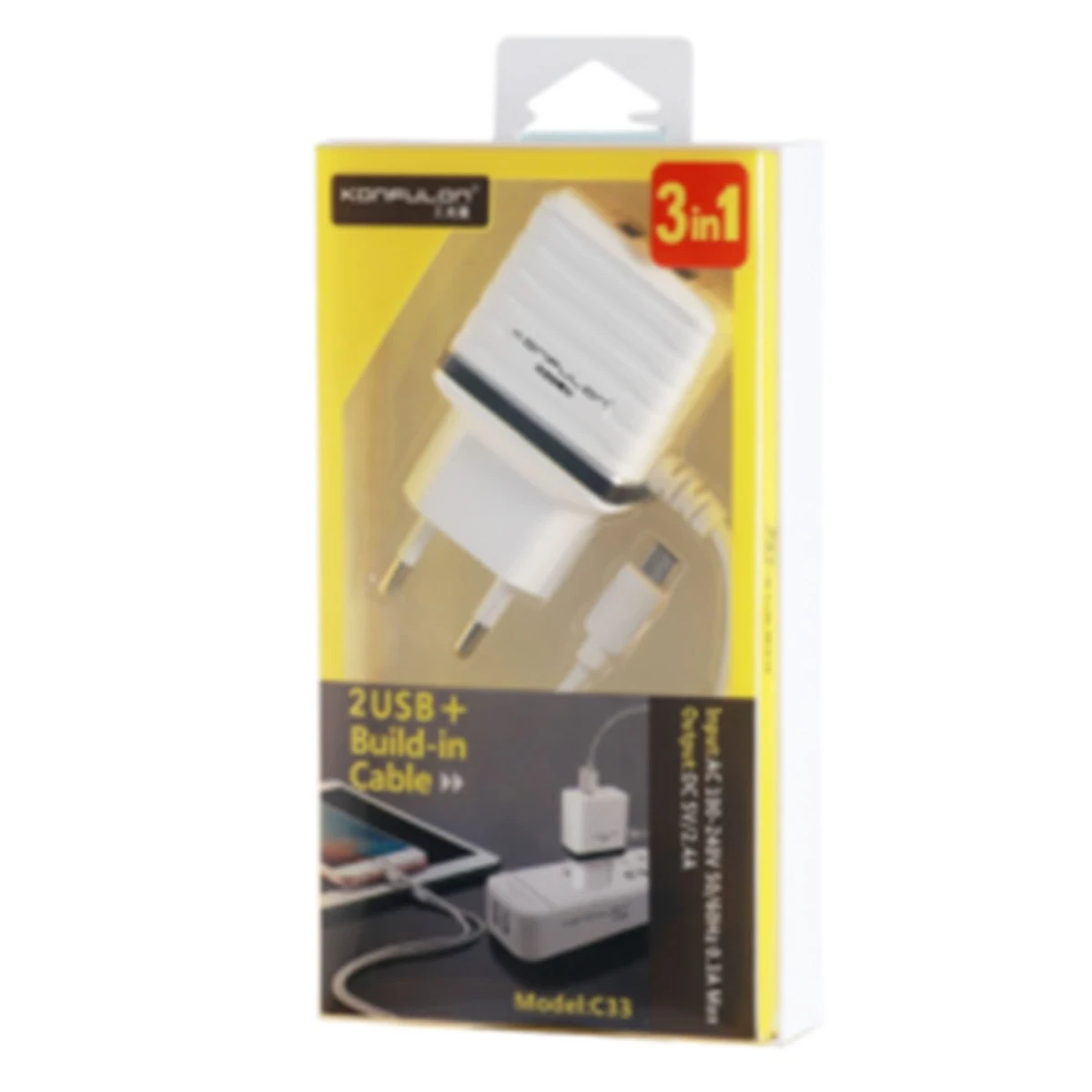 Konfulon C33 Hızlı Şarj Cihazı 3in1 (Dahili Lightning Kablo iphone Uyumlulu)