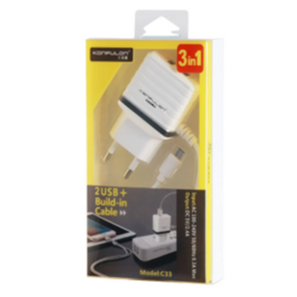 Konfulon C33 Hızlı Şarj Cihazı 3in1 (Dahili Lightning Kablo iphone Uyumlulu)