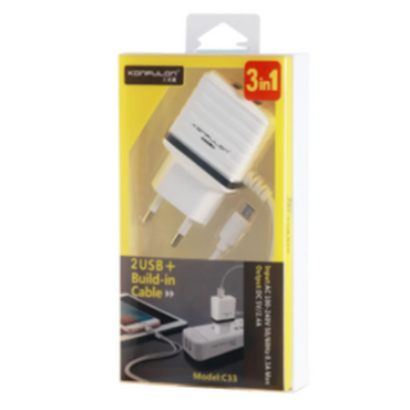 Konfulon C33 Hızlı Şarj Cihazı 3in1 (Dahili Micro USB Kablolu)