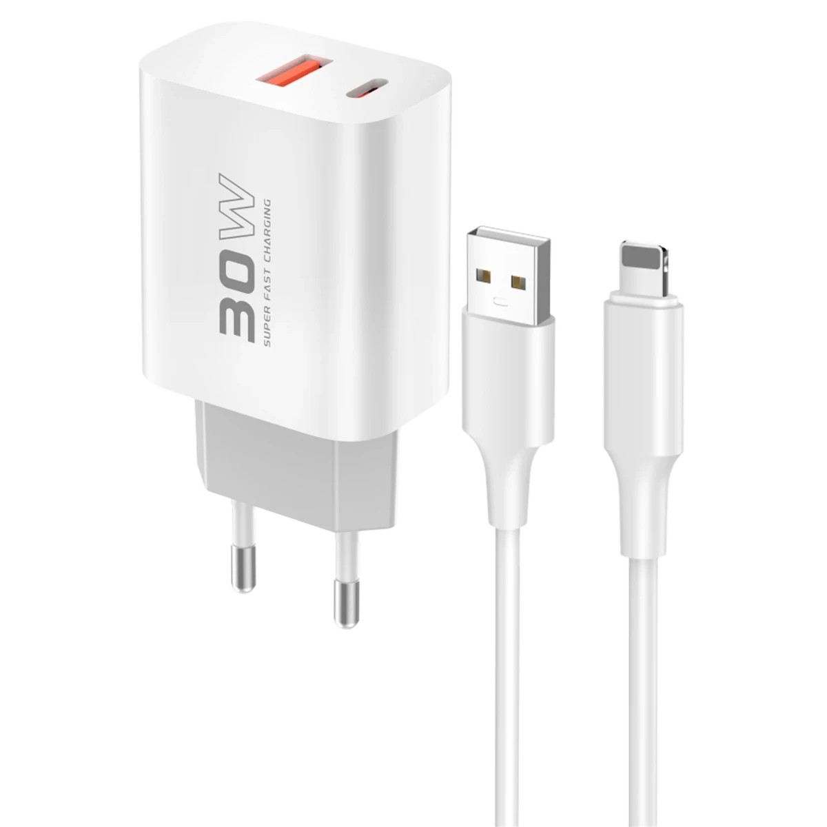 Konfulon C89Q 1 Adet 30W Type-C ve 1 Adet 22.5W USB Çıkışlı Ekstra DL48 1M USB to Lightning Kablolu PD Şarj Cihazı - Beyaz