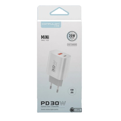 Konfulon C89Q 1 Adet 30W Type-C ve 1 Adet 22.5W USB Çıkışlı Ekstra DL48 1M USB to Lightning Kablolu PD Şarj Cihazı - Beyaz