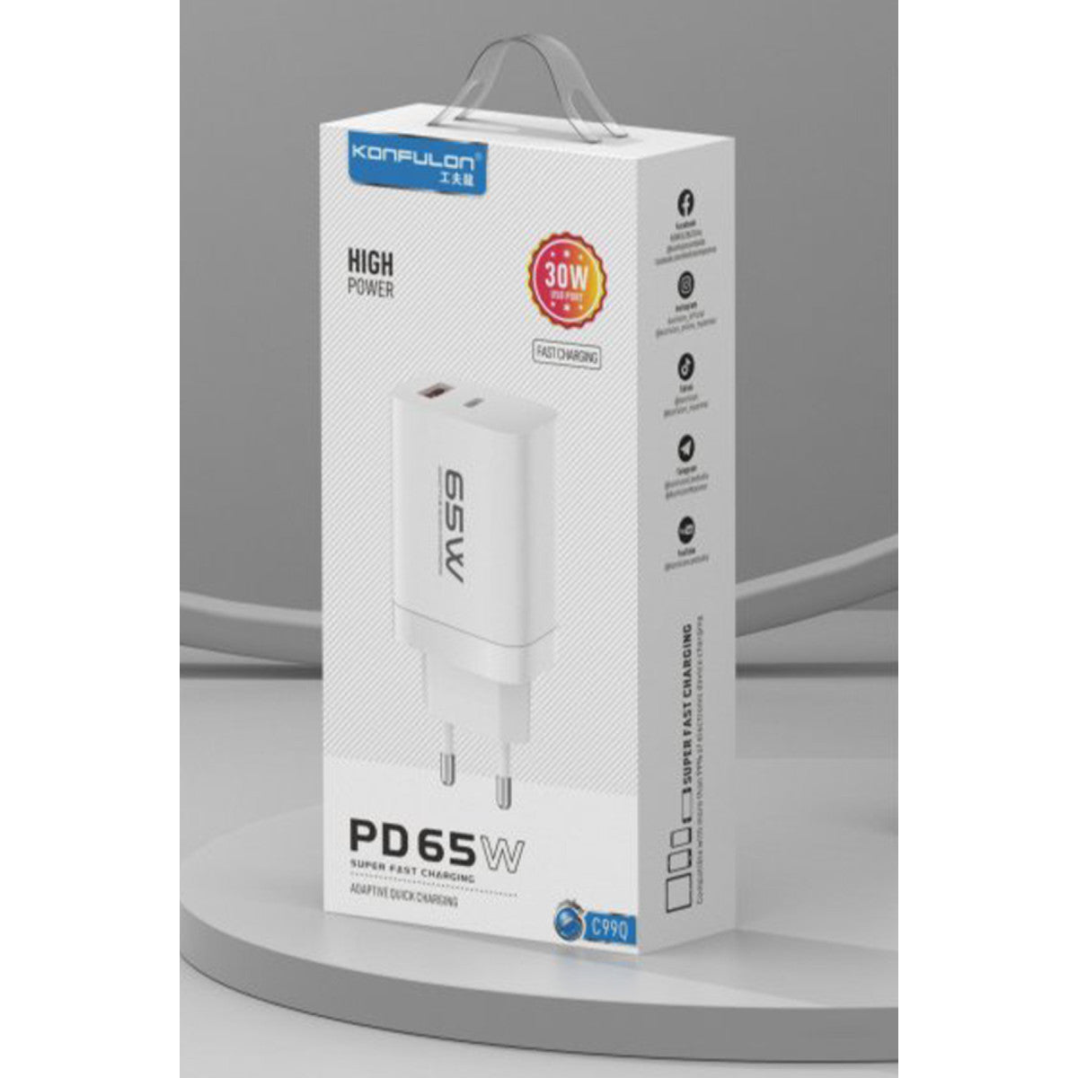 Konfulon C99Q 65W PD Destekli Type-C ve USB Çift Çıkışlı Hızlı Şarj Adaptörü