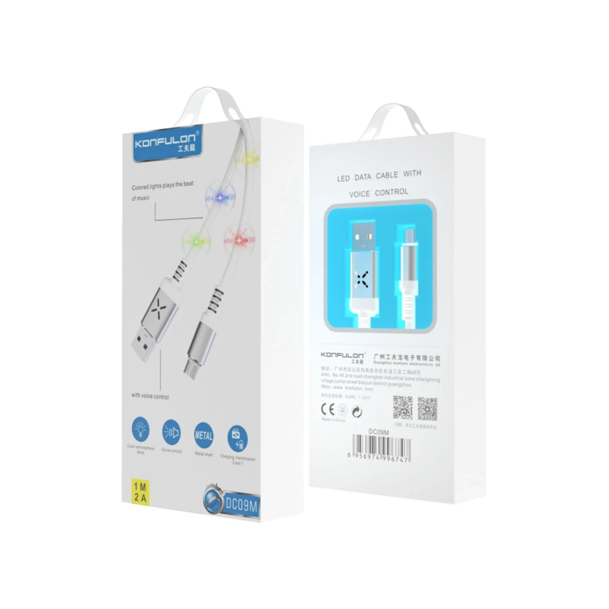 Konfulon DC09 Ses Duyarlı Işıklı Micro USB Kablo 1M 2A - Beyaz